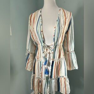 Blue Island Multicolor Boho Striped Beach Swim Cover Up w/bell sleeves‎